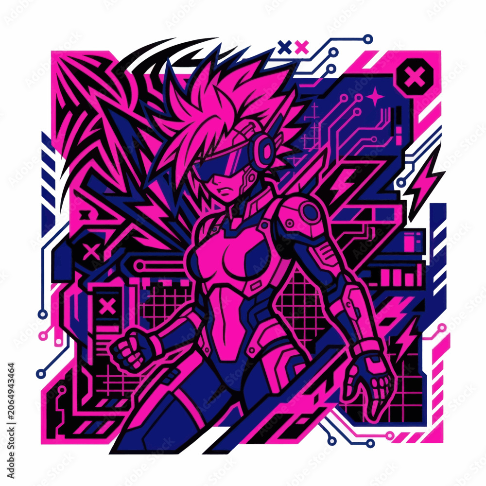 Obraz premium Cyberpunk Anime Girl Illustration with Neon Pink and Blue Tech Elements.