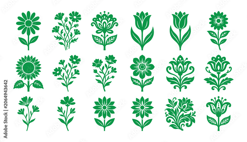 Fototapeta premium Set of green floral flower icons and nature plant symbols