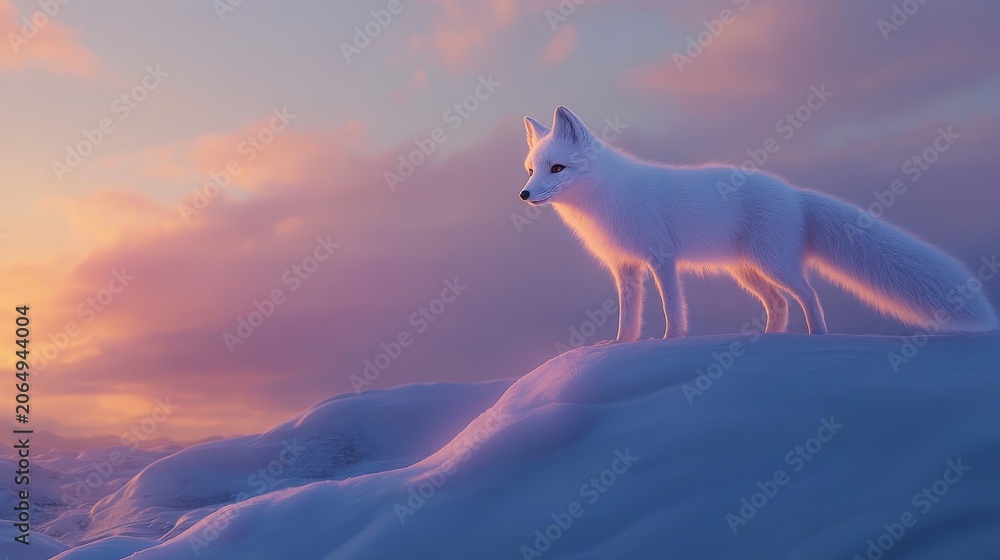 Fototapeta premium White arctic fox stands on snow-covered hill at sunset with pink-purple sky in the background