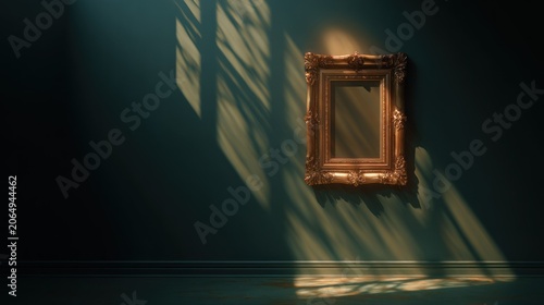 Ornate empty picture frame hangs upon a dark wall illuminated by dramatic streaks of sunlight