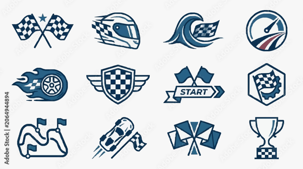Naklejka premium Professional Motorsport Racing and Driving Iconography Collection Featuring Logos Symbols and Emblems