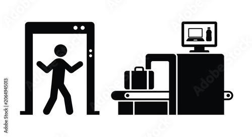 Security Checkpoint With Metal Detector And Baggage Scanner Silhouette