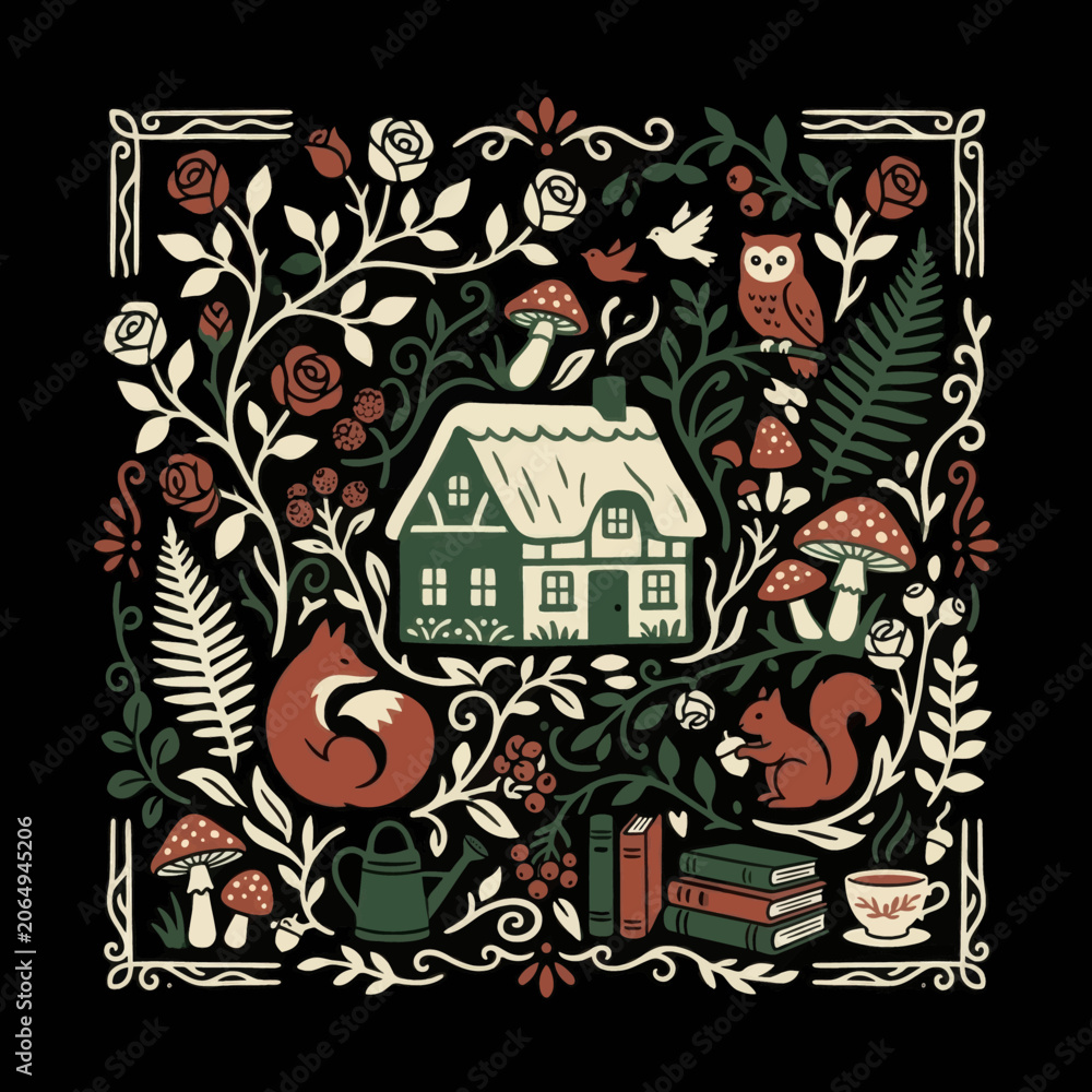Naklejka premium Enchanted Forest Cottage Illustration with Fox Owl and Squirrel in Folk Art Style.