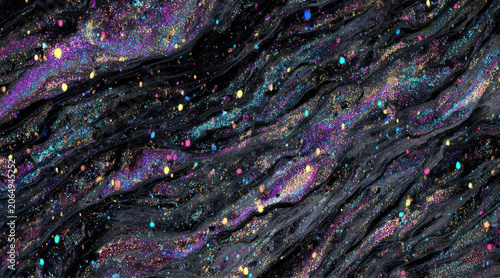 Obraz na płótnie Glittering cosmic swirls with multicolored sparkles in dark veins