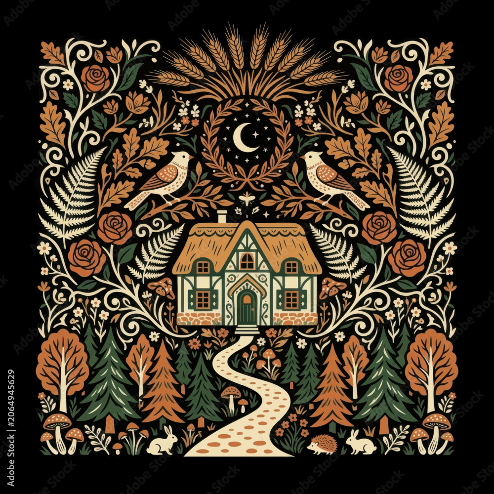 Naklejka premium Intricate Folk Art Illustration of a Cozy Cottage in a Mystical Forest with Birds and Moon.