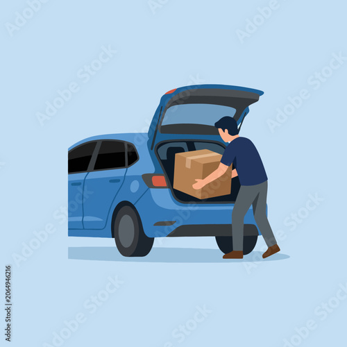 Canvas-taulu A man is loading a cardboard box into a blue car