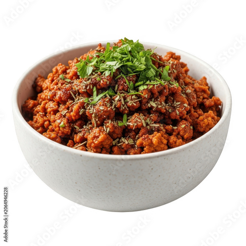 Bowl of savory seasoned ground meat with herbs as PNG asset