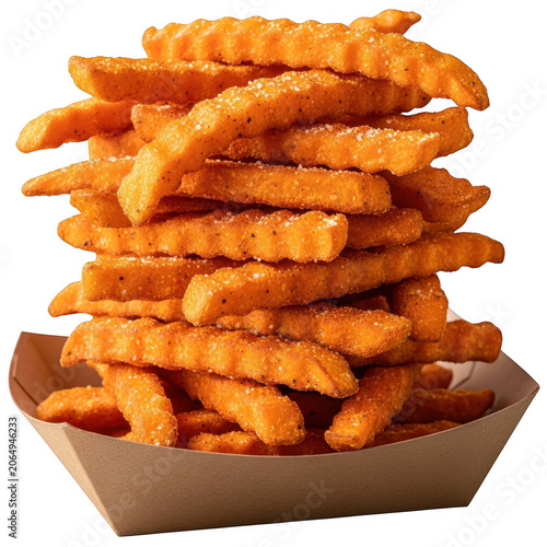 Stack of crinkle cut sweet potato fries in paper tray isolated as PNG