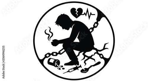 Fényképezés Silhouette Of A Depressed Person Surrounded By Symbols Of Addiction Silhouette
