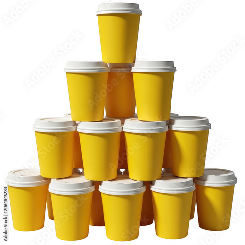 Pyramid stack of yellow disposable coffee cups isolated as PNG