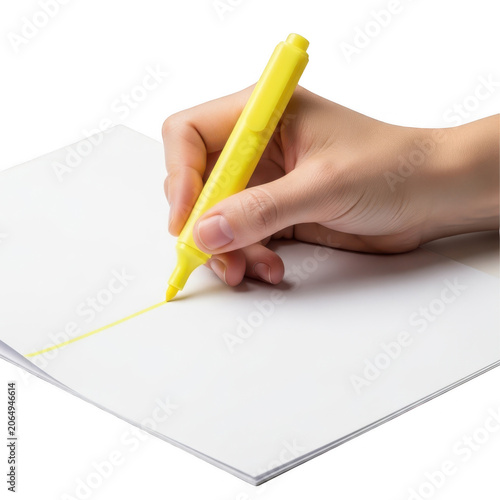 Human hand drawing a straight line with a yellow on transparent background