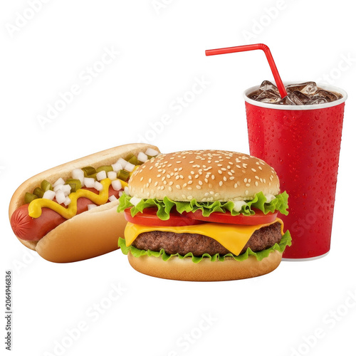Fast food meal combo with burger and hot dog as transparent cutout