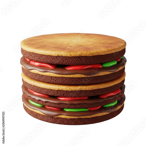 Stacked chocolate layer dessert cake as isolated element