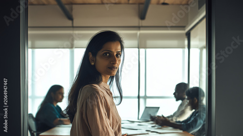 Woman stands in modern office, confident, thoughtful gaze. Background shows blurred colleagues, focused on work. Bright windows frame the professional atmosphere. Ideal for business, leadership