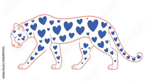 Stylized jaguar illustration with blue hearts pattern walking across white background