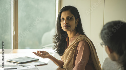 Woman in saree gestures during professional meeting. Focused expression, engaged in conversation. Soft lighting highlights calm, thoughtful atmosphere. Ideal for business, education