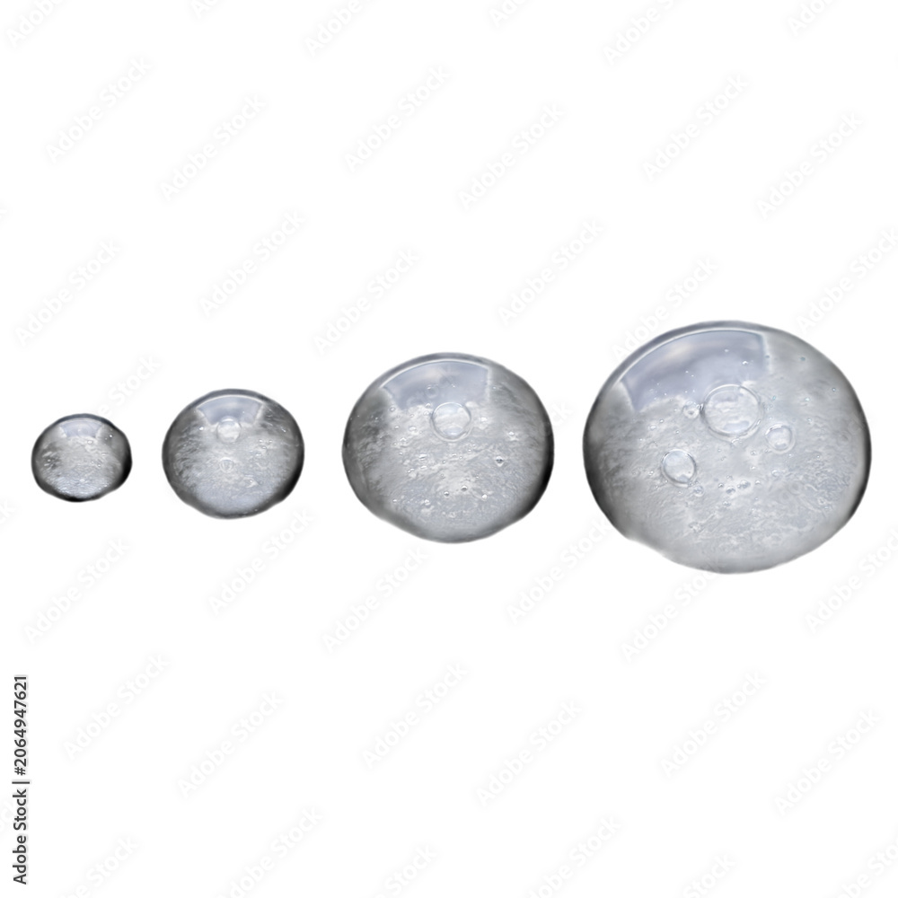 Obraz premium Row of four clear cosmetic gel drops in different sizes on black background