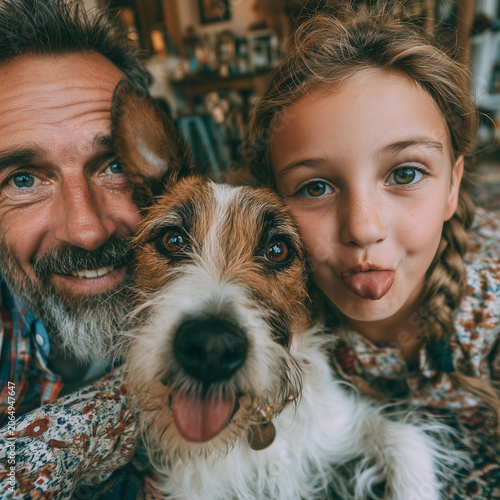Warm, smiling father and daughter pose with happy dog. Child playfully sticks tongue out with joyful expression. Dog's tongue hangs out, eyes bright and tail wagging. Cozy home setting, soft lighting