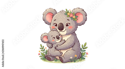 Photography Cute mother koala hugging her baby koala with flowers