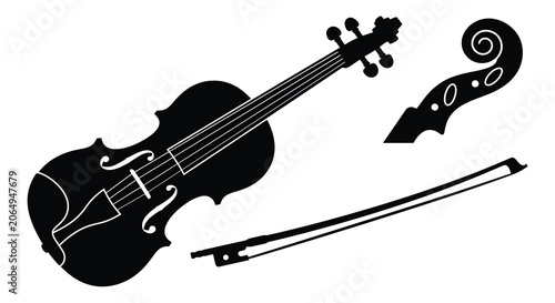 Canvas Print Violin Bow And Scroll Silhouette On A White Background