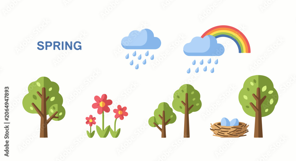 Naklejka premium A colorful cartoon illustration of spring with trees, flowers, and a bird's nest