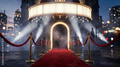 Red Carpet Entrance with Marquee Lights and Velvet Ropes