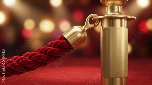 Red Velvet Rope Barrier with Golden Stanchion Close Up