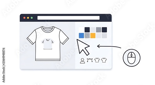 A graphic designer customizes a t-shirt illustration on a computer with various color options and icons nearby.