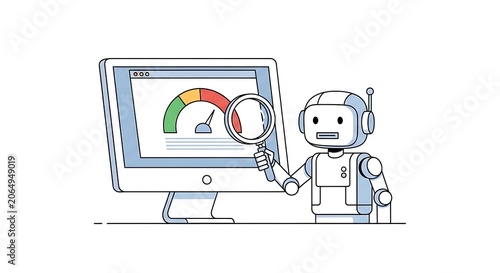 Robot analyzes data on computer screen with magnifying glass in hand
