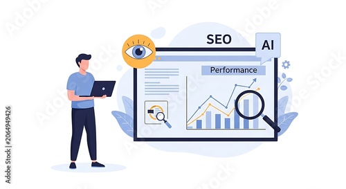 Man analyzes SEO performance on laptop with graphs and magnifying glass