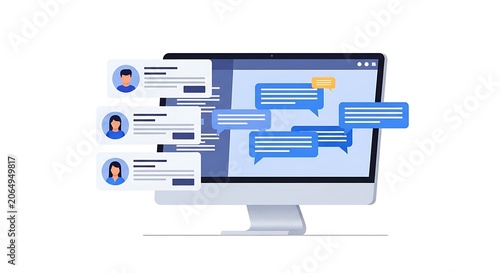 A computer monitor displays a chat interface with multiple conversation bubbles and user profiles on the side.