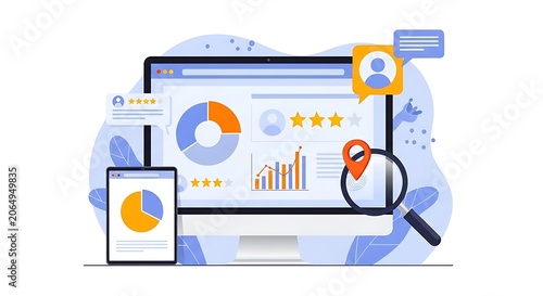 A graphic illustration of devices displaying various charts and graphs with a magnifying glass on a screen.