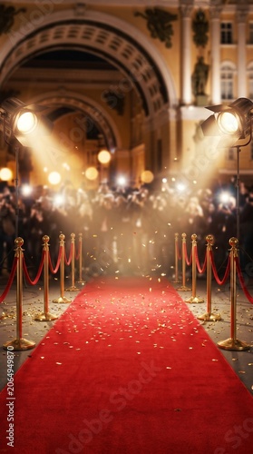Red Carpet Event Entrance with Golden Stanchions and Lights