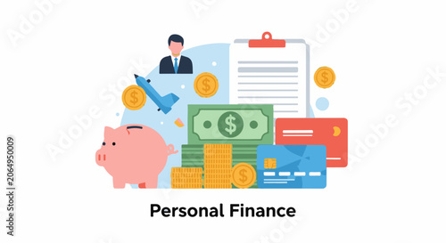 A colorful illustration depicting personal finance concept with a man in business attire surrounded by money, piggy bank, credit cards, and documents