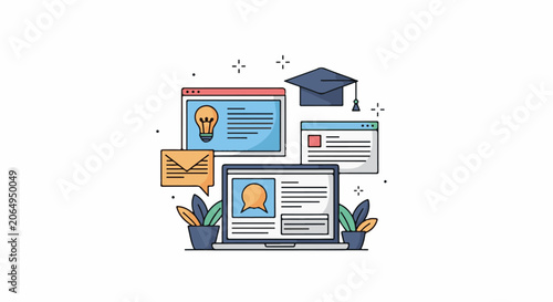 A colorful illustration of a laptop surrounded by various icons representing online learning
