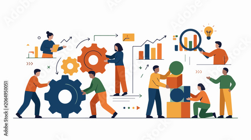 A colorful illustration depicting teamwork through various business and industrial elements