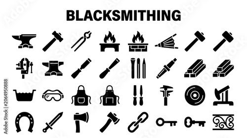 Foto Blacksmithing Tools and Equipment Icons Collection Featuring Anvil Forge Hammer