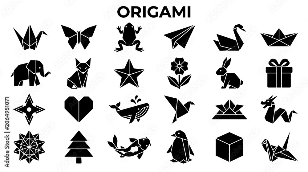 Fototapeta premium Collection of Origami Paper Folding Art Icons Featuring Animals Objects and Symbols