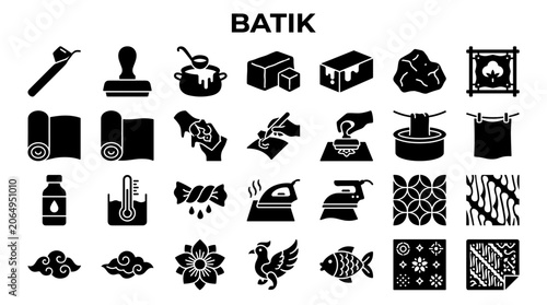 Tableau sur toile Batik craft and art creation process icons set showing tools materials and tradi