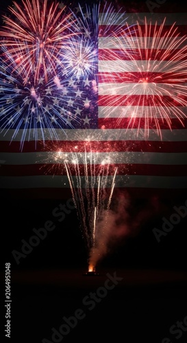 Vibrant Fireworks Exploding Against an American Flag Backdrop at Night, Celebrating Independence Day.