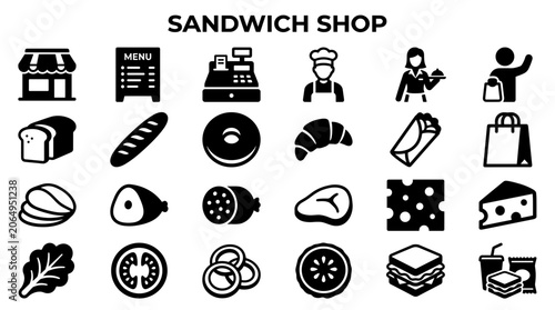 Obraz na płótnie Sandwich shop icons set flat design collection of food and service elements for