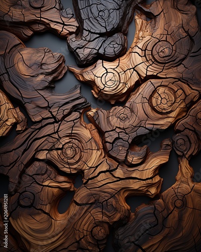 Intricate Wood Grain Texture with Swirling Patterns and Natural Knots in Dark Brown Close-Up