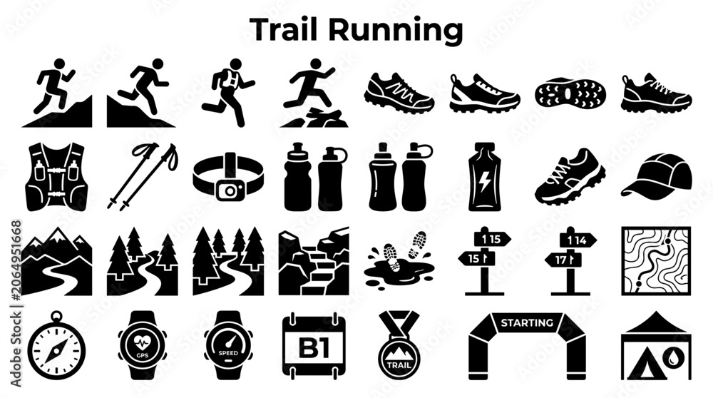 Naklejka premium Trail Running Gear and Icons Collection Illustrating Outdoor Sports and Adventure Activities for Health and Fitness Concepts