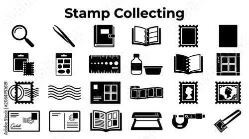 Foto Stamp Collecting Hobby Tools and Supplies Illustrated Icons Set