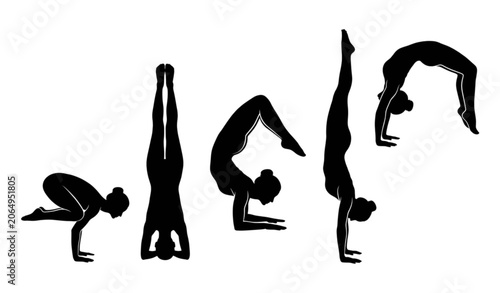 Advanced Yoga Pose Silhouettes Action Fitness Asanas Dynamic Vector Illustration Set