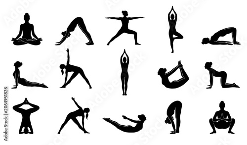 Yoga Poses Silhouette Set Diverse Asanas Collection Flat Vector Black Isolated Illustration