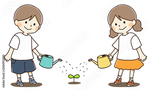 小さな植物に水やりをする子供のイラスト