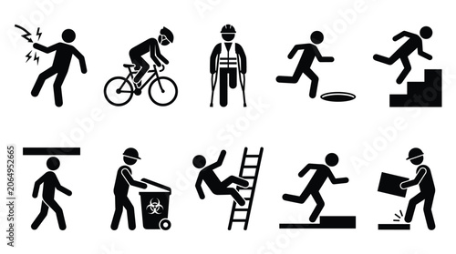Workplace hazard safety element pack, minimalist icon style, accident prevention, emergency procedures, physical injury and risk