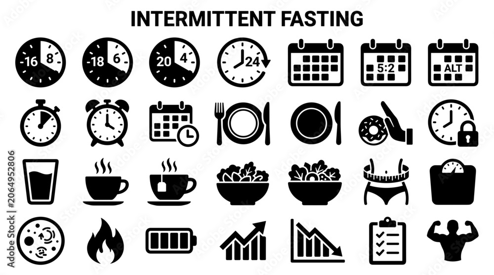 Fototapeta premium Intermittent Fasting Icons Set Healthy Lifestyle Dieting Meal Planning Time Management Weight Loss Symbols