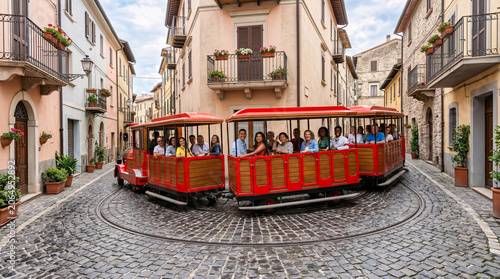 Petit Train Touristique Rouge dans une Ville Ancienne